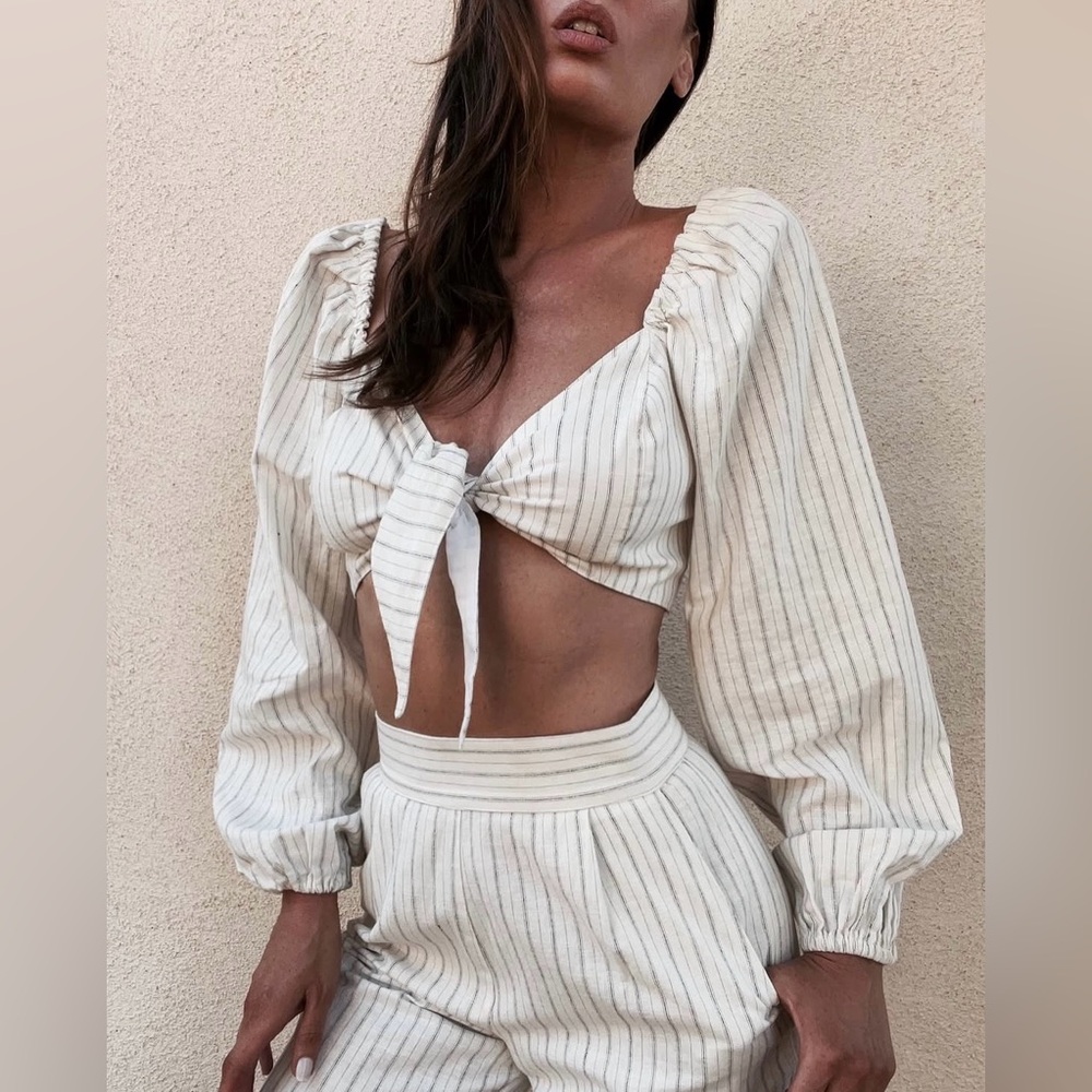 STONE COLD FOX LINEN STRIPE SET HONEYMOON BRIDAL WINERY VACATION SELENA GOMEZ